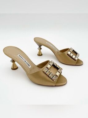 Manolo Blahnik Uliana Golden Brown Satin Crystal Open Toe Mule Heels IT 37